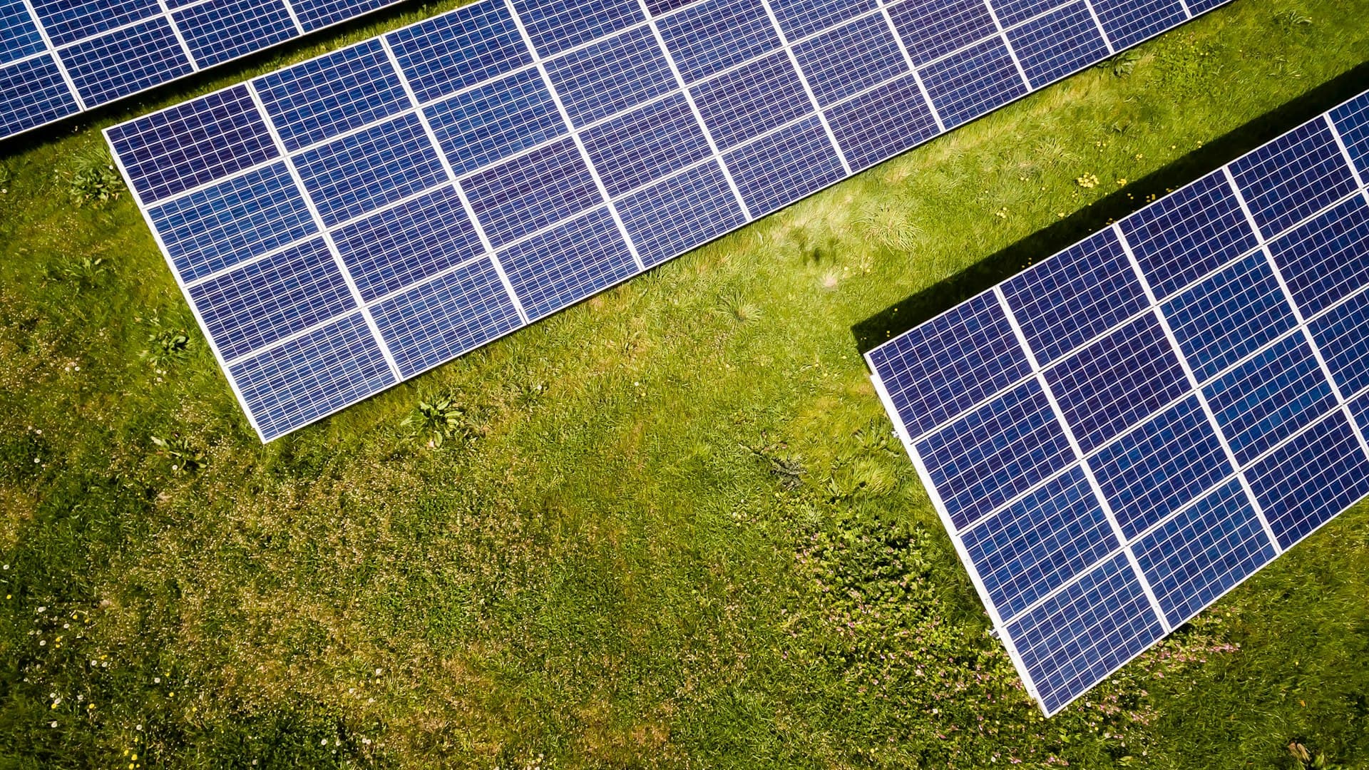 Aerial view of solar panel arrays set on a green lawn