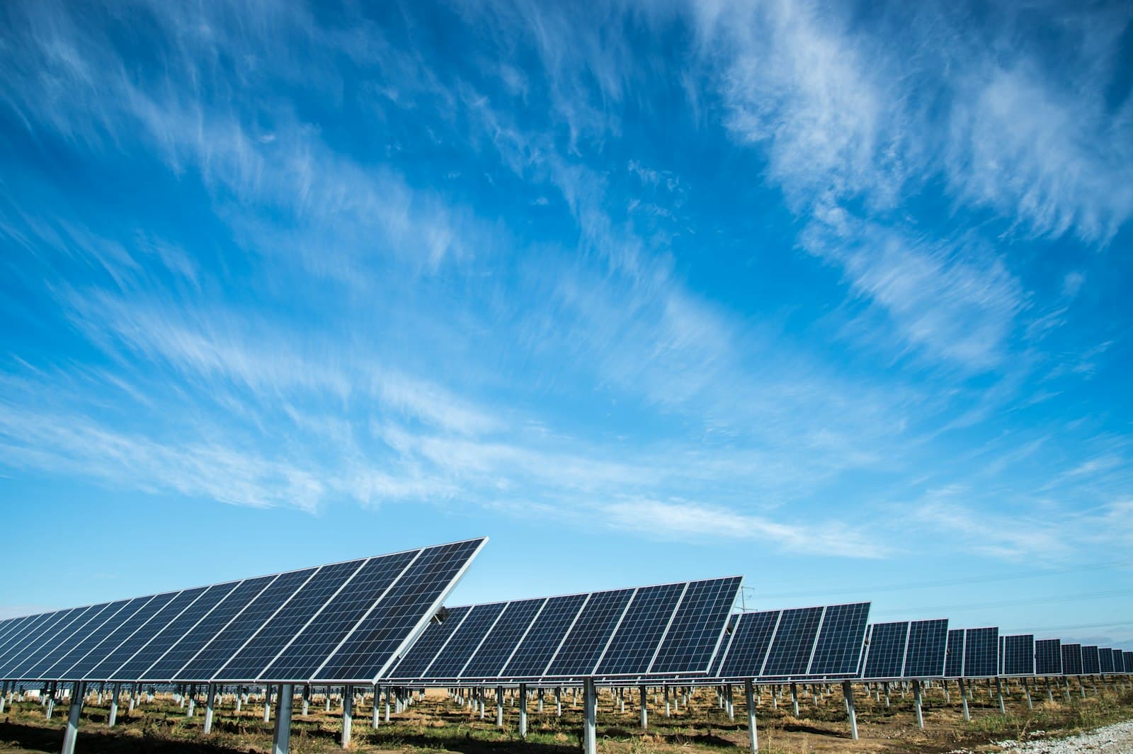 Rows of solar panels gleaming under a clear blue sky